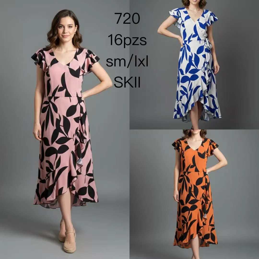 Vestido con estampado de hojas y volantes-720