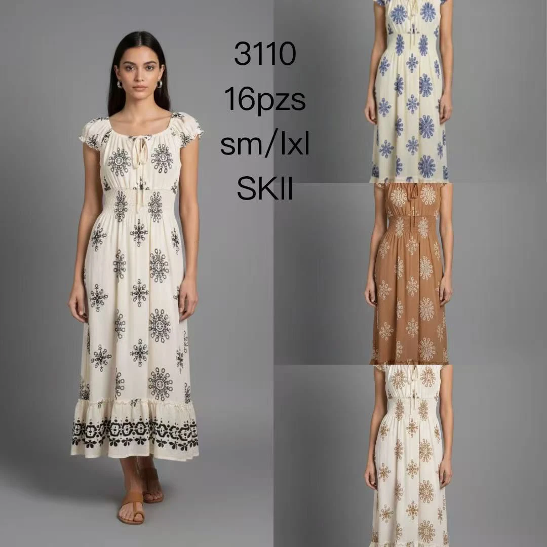 Vestido largo estampado con mangas cortas y cintura fruncida-3110
