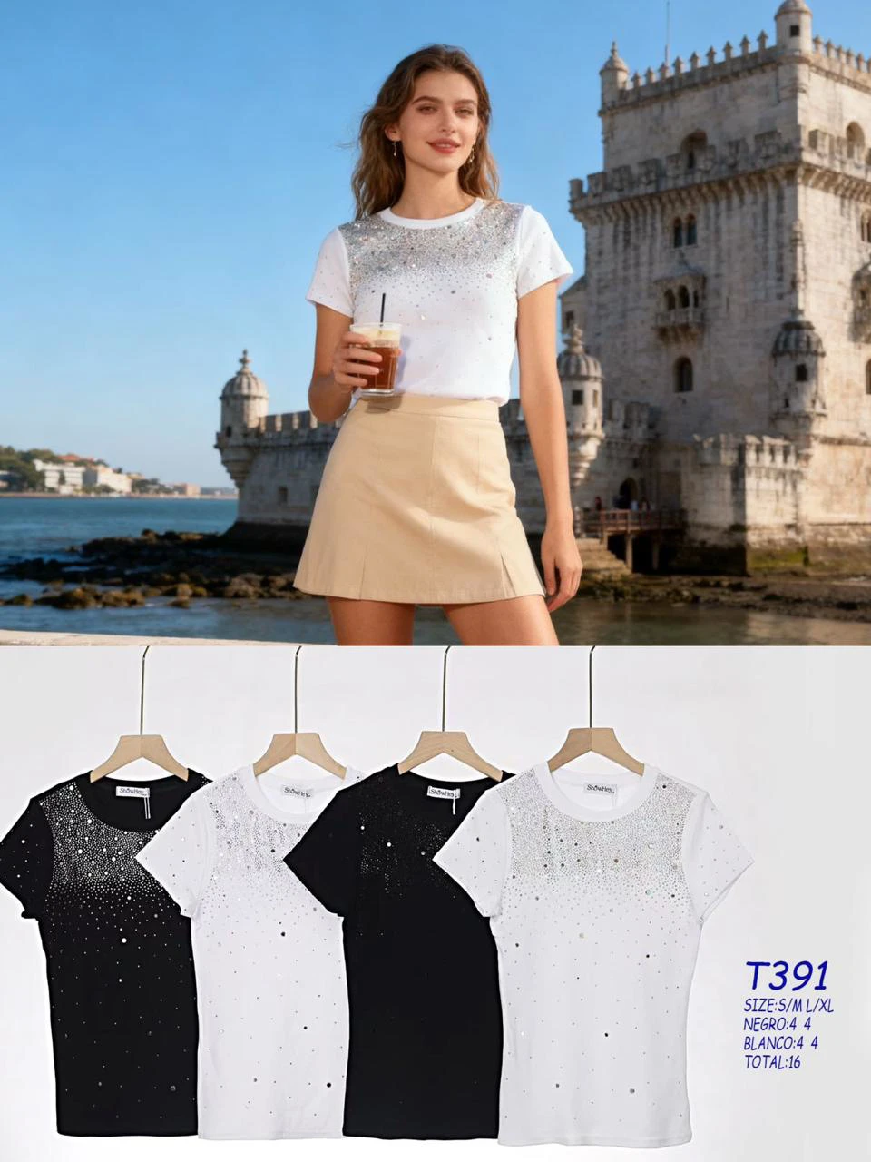 Playera de manga corta con brillos-T391