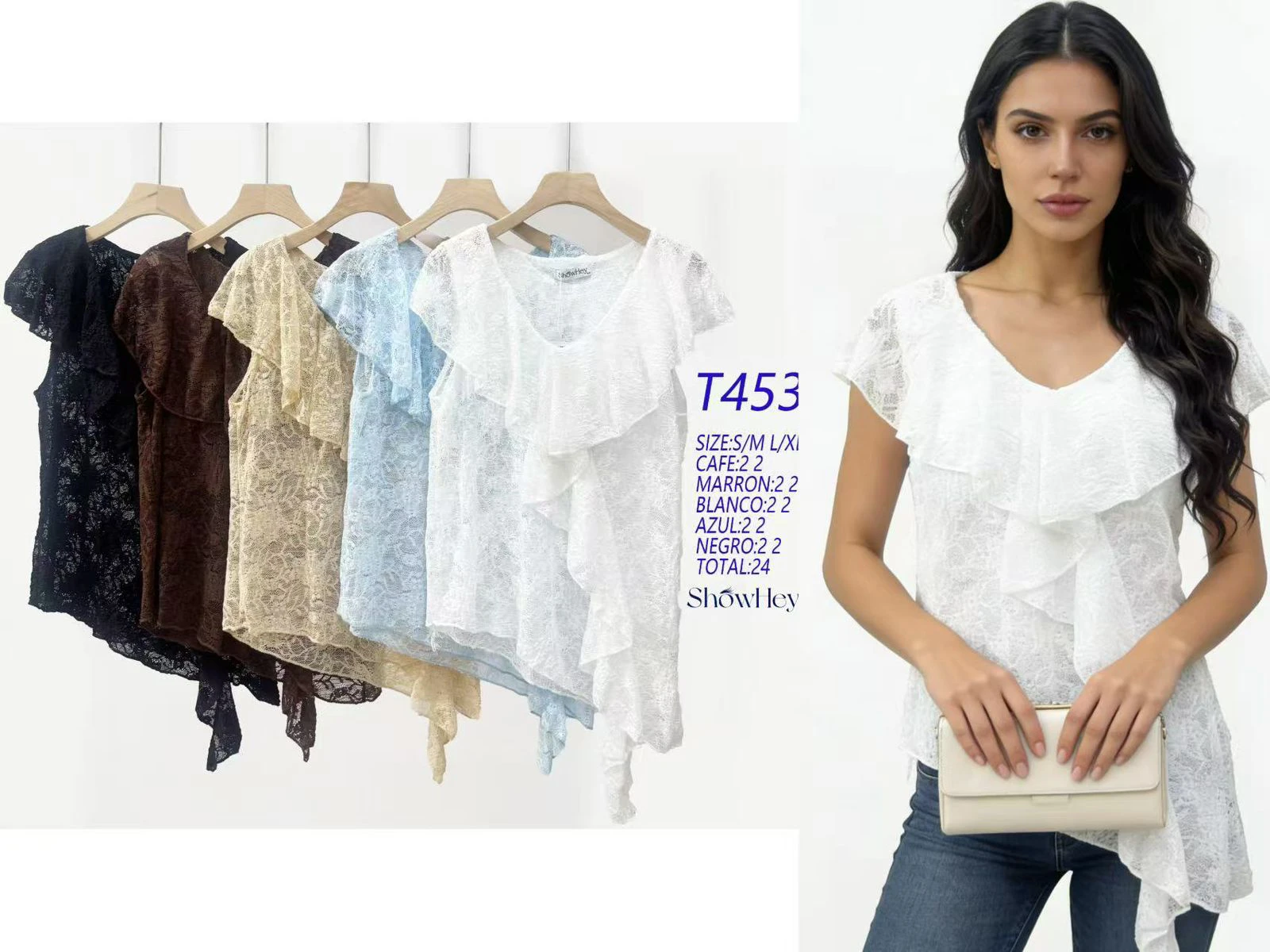 Blusa de encaje con volantes-T453