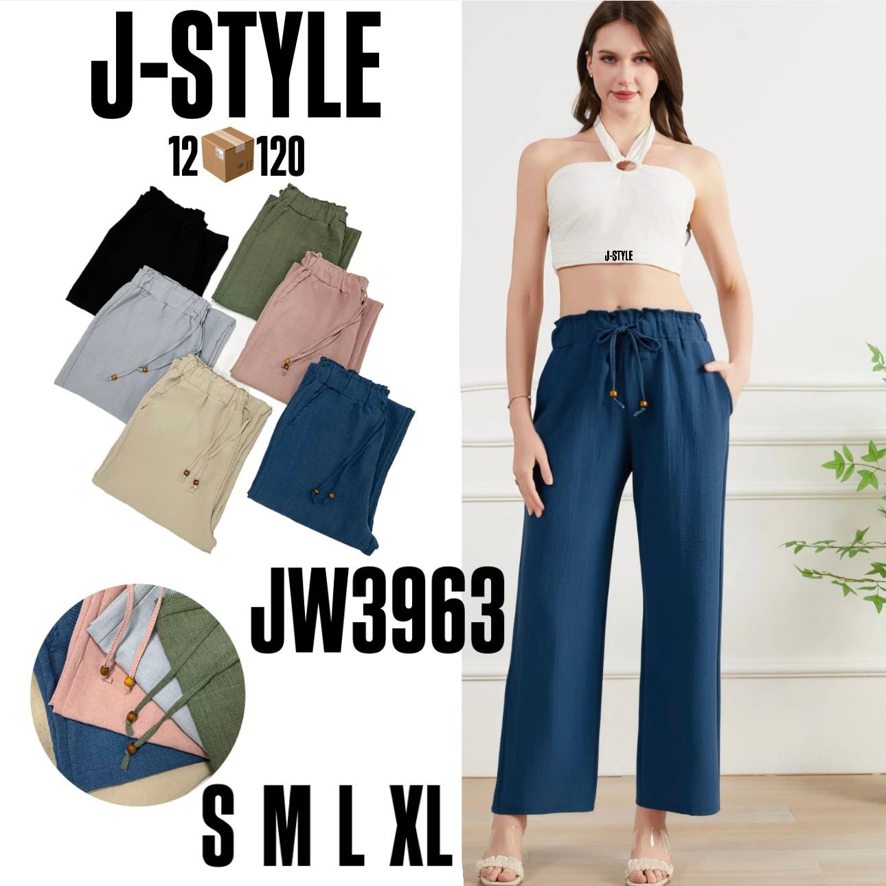 Pantalones casuales con cintura elástica y cordón-JW3963