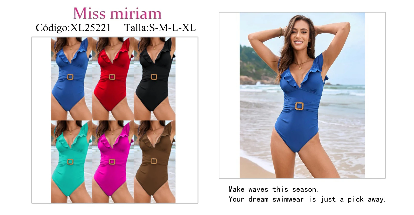 Traje de baño de una pieza con volantes y cinturón-XL25221