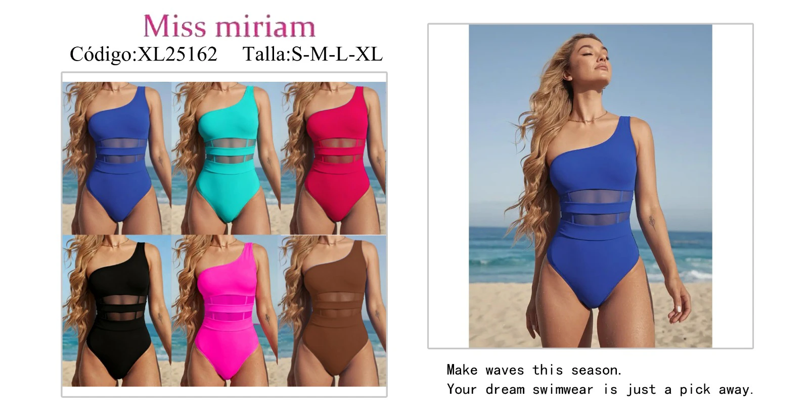 Traje de baño de una pieza con un hombro y detalles de malla-XL25162
