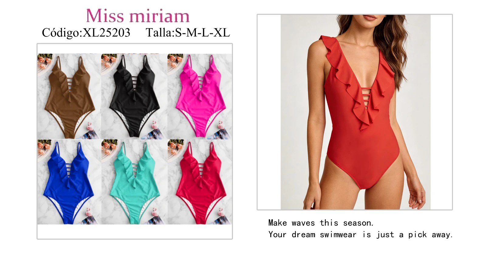 Traje de baño de una pieza con escote en V y volantes-XL25203