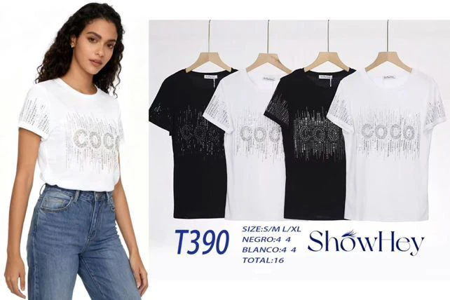 Playera de mujer con estampado COCO de strass-T390