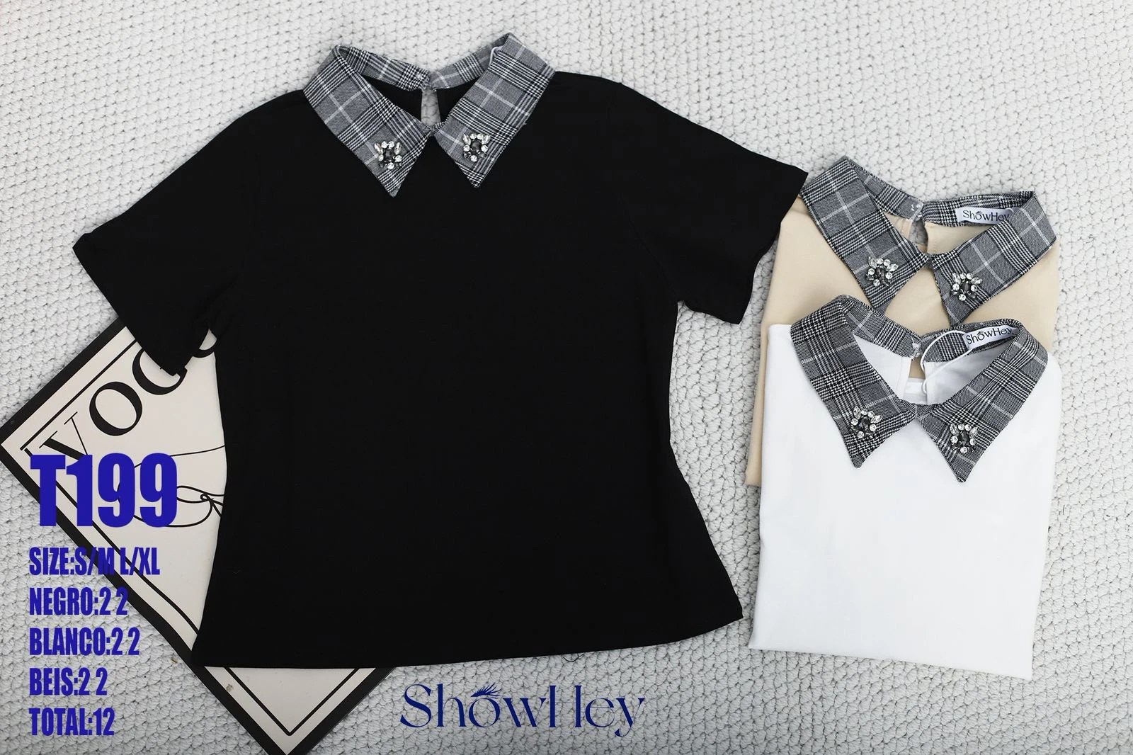 Blusa de manga corta con cuello a cuadros y apliques de pedrería-T199