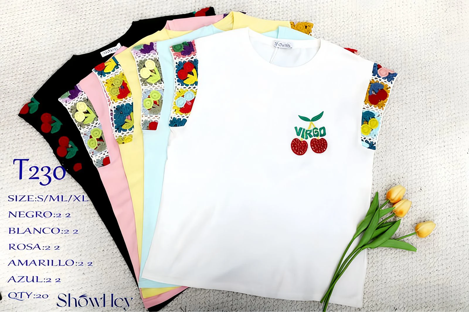 Playera de mujer con estampado de virgo y detalle de crochet en mangas-T230