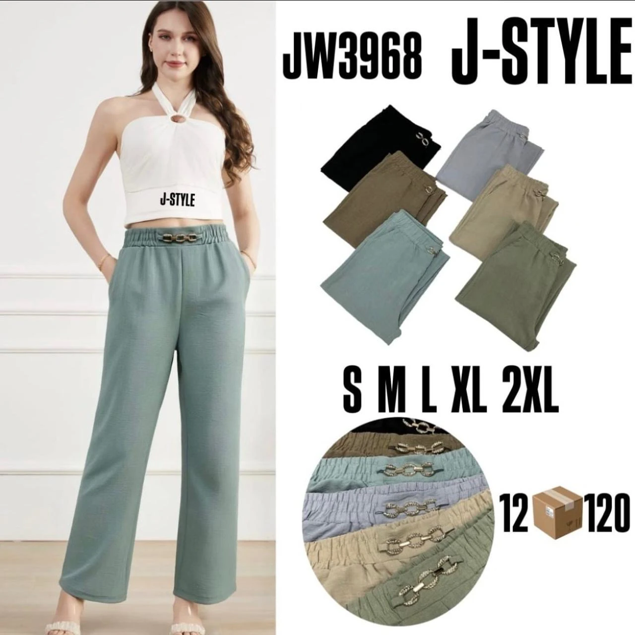 Pantalones de mujer con cintura elástica-JW3968