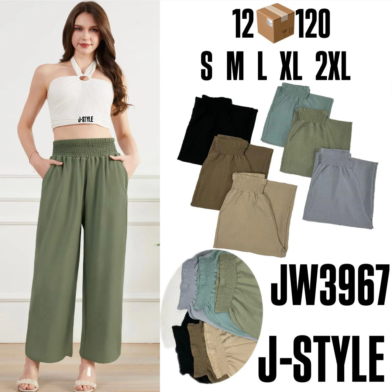 Pantalones Palazzo con cintura elástica-JW3967