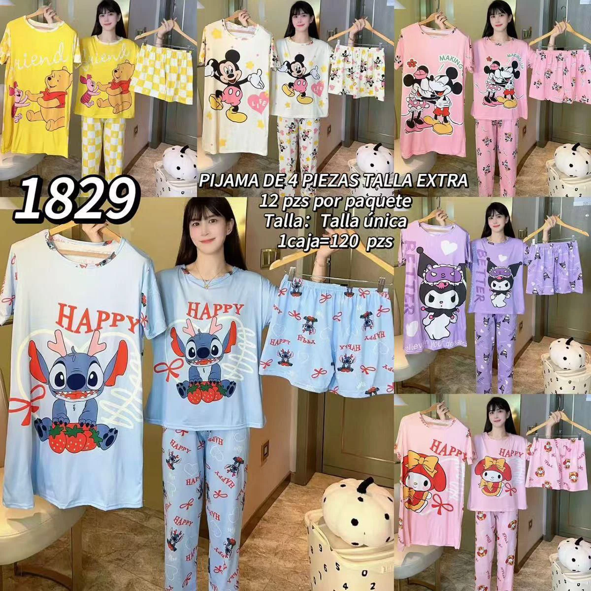 Pijama de 4 piezas con personajes de caricatura-1829