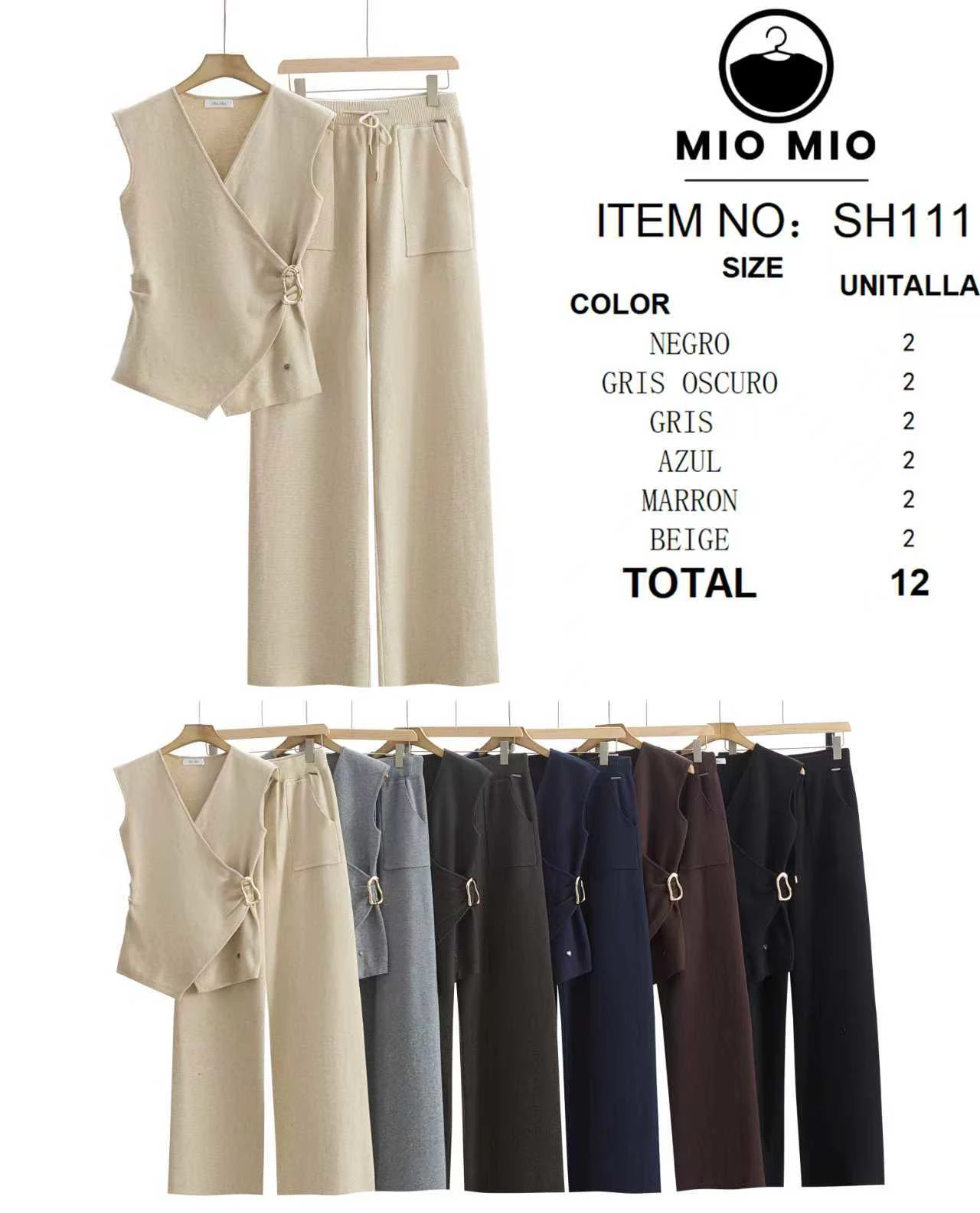 Conjunto de top cruzado sin mangas y pantalón amplio-SH111