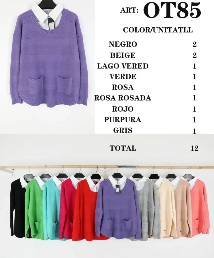 Suéter con Bolsillos y Cuello Camisero-OT85