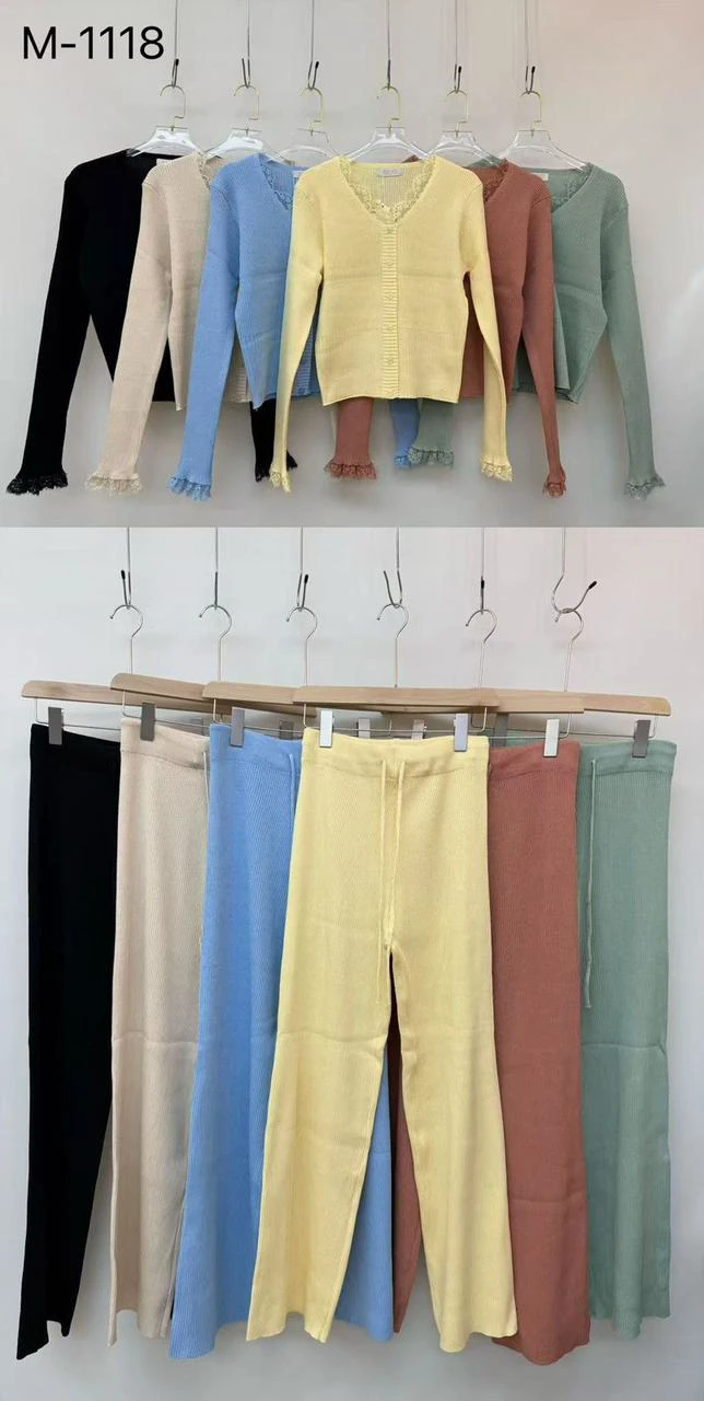 Conjunto de pantalón y cárdigan de punto con encaje-M-1118