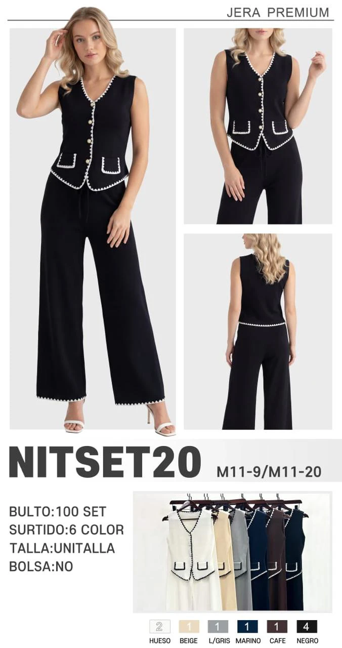 Conjunto de chaleco y pantalón de punto con detalle de perlas-NISET20