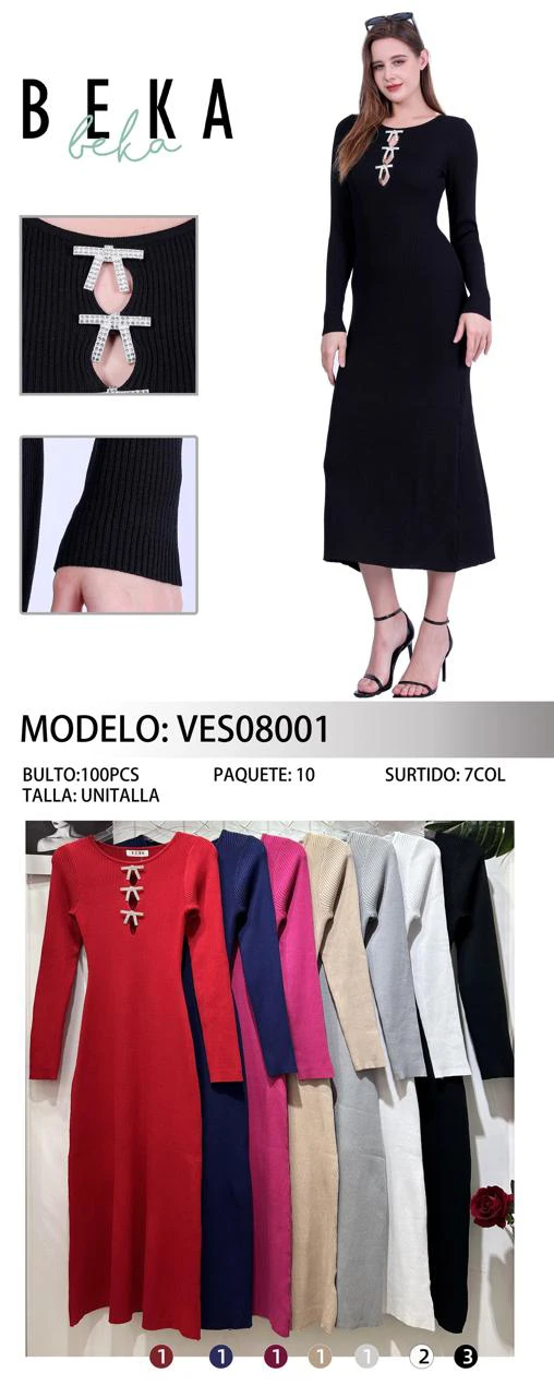 Vestido de punto acanalado con escote de lazos decorativos-VES08001