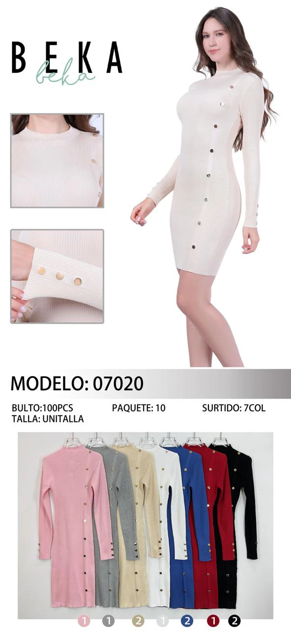 Vestido de punto acanalado con detalles de botones-VES07020