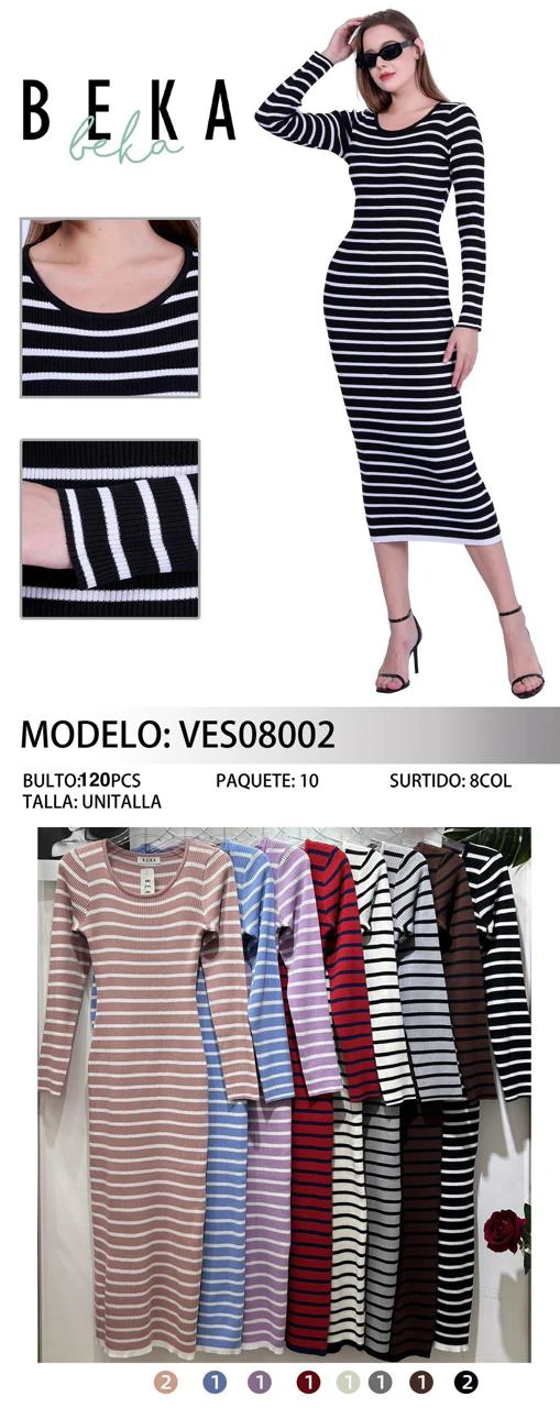 Vestido Rayado de Manga Larga-VES08002