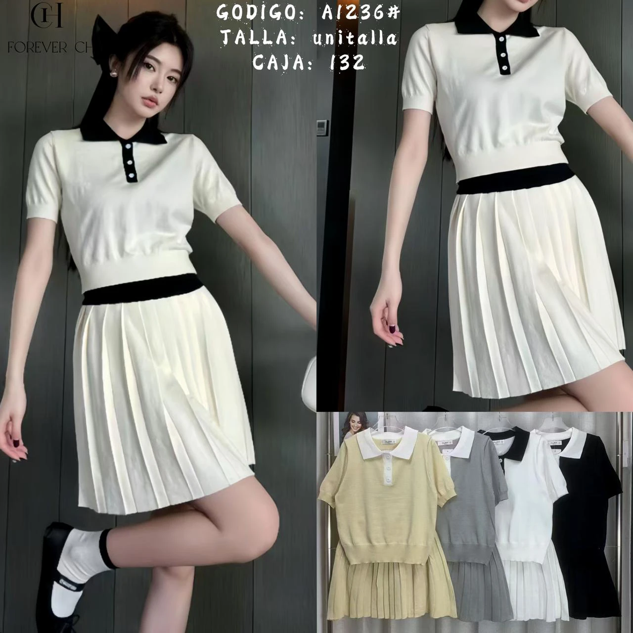 Conjunto falda plisada y top cuello-A1236