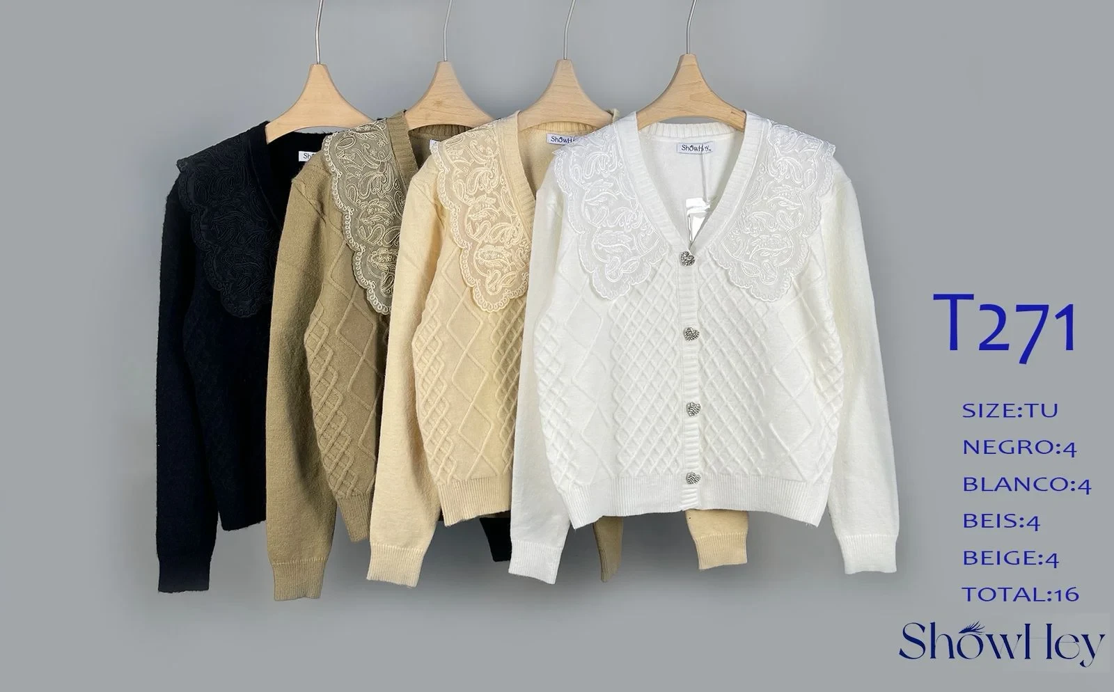 Sueter con cuello de encaje para mujer-T271