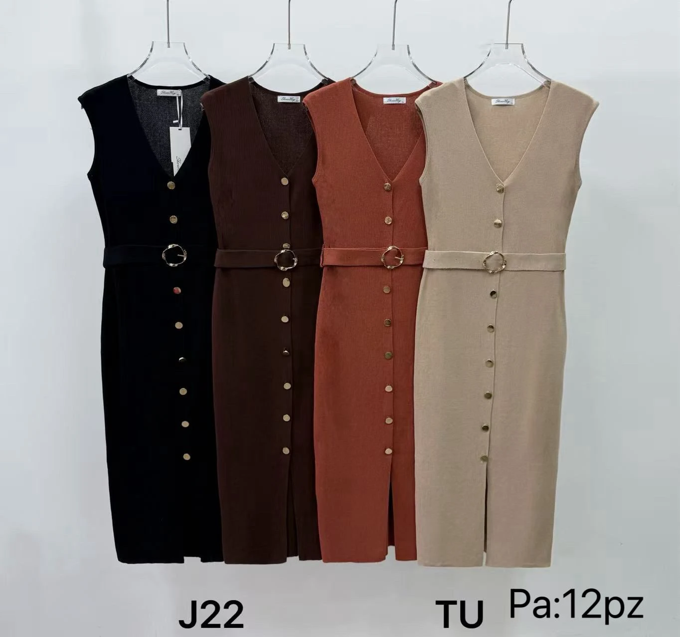 Vestido de Punto Midi con Botones y Cinturón Cuello V-J22