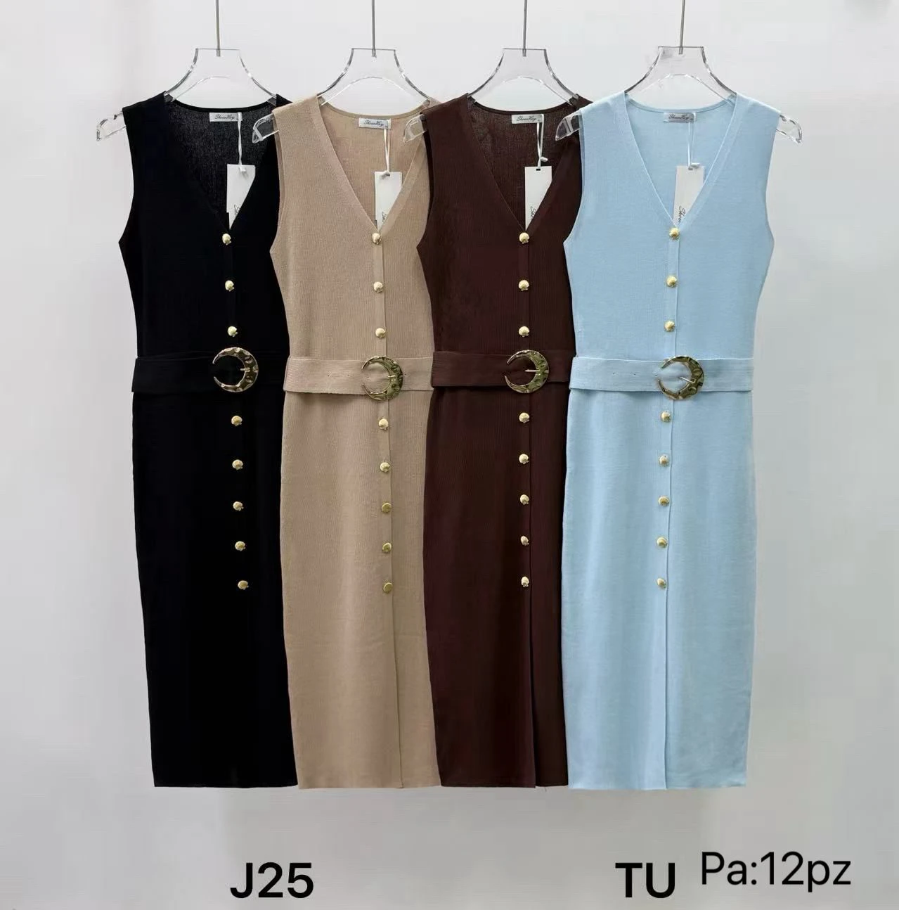 Vestido midi sin mangas con botones y cinturón-J25