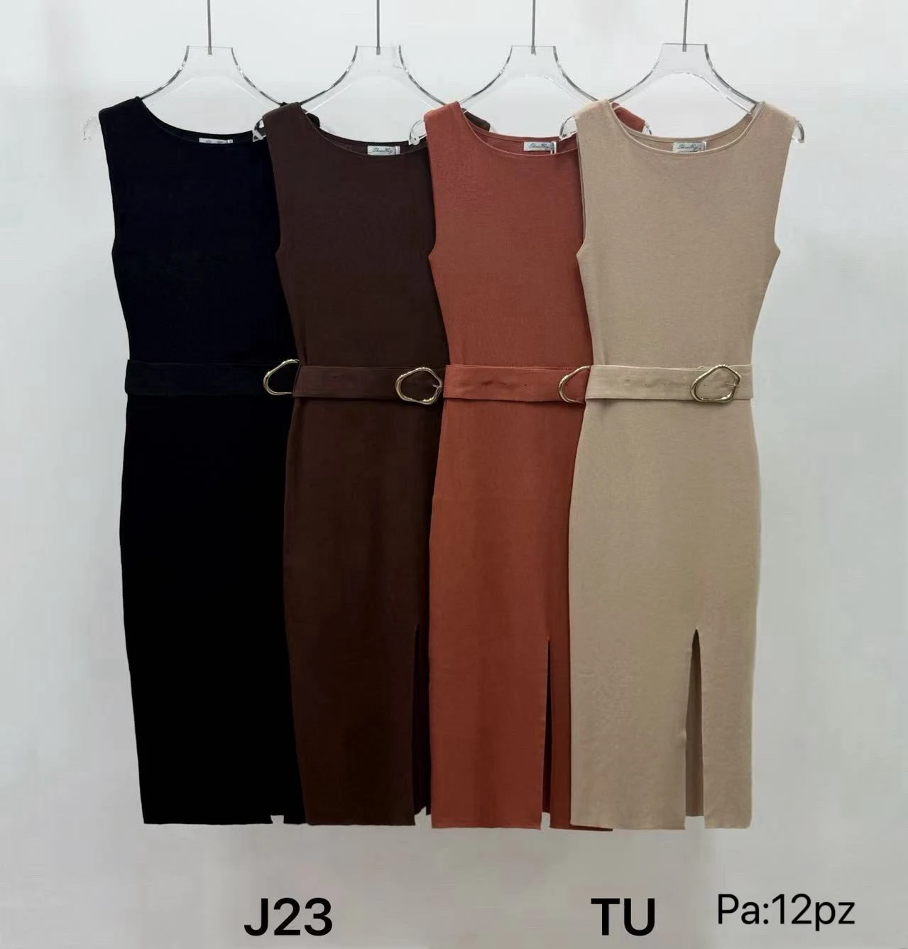 Vestido sin mangas con cinturón y abertura lateral-J23