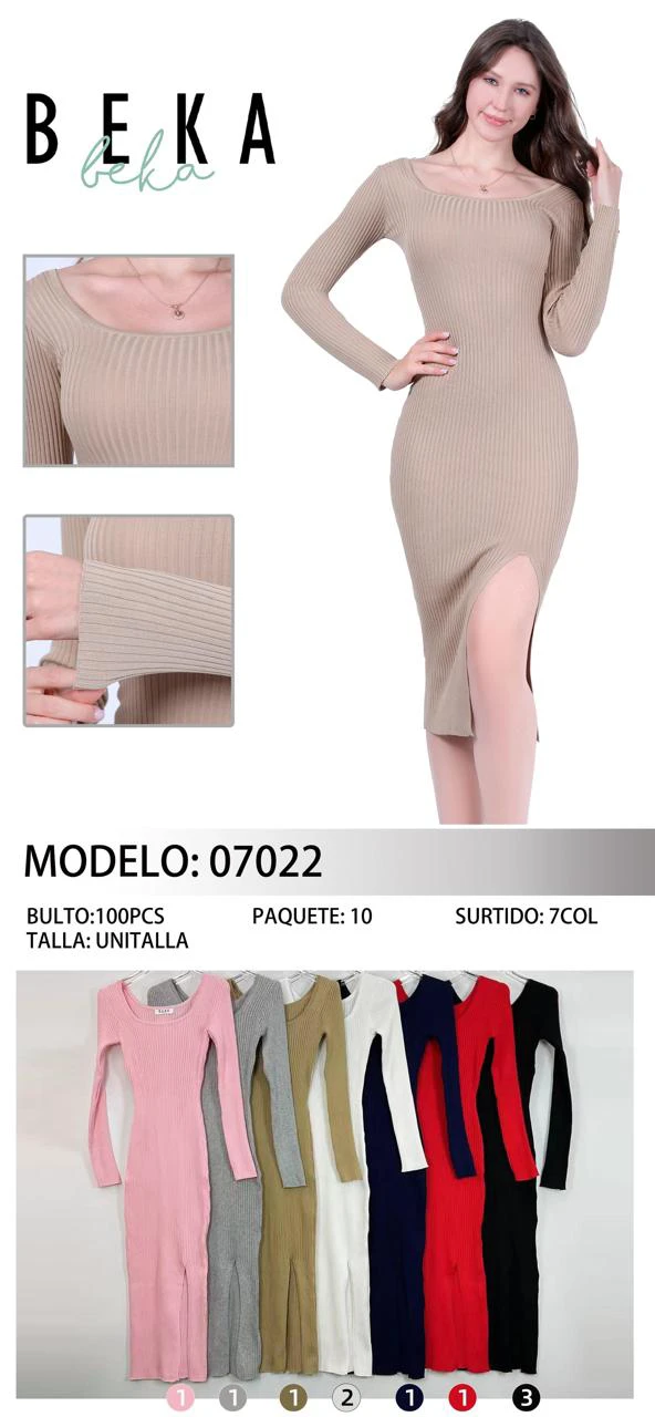 Vestido Midi Ajustado de Punto con Manga Larga y Abertura Lateral-VES07022