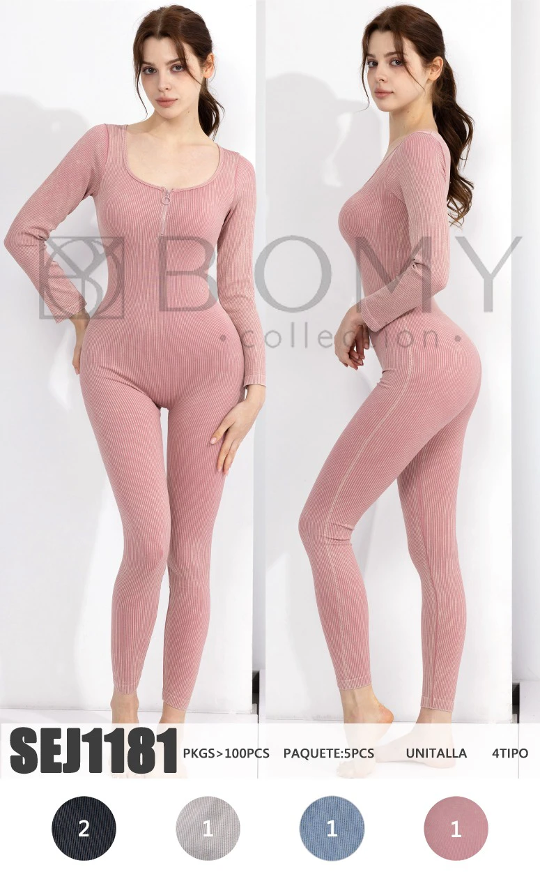 Jumpsuit deportivo acanalado de manga larga con cremallera-SEJ1181