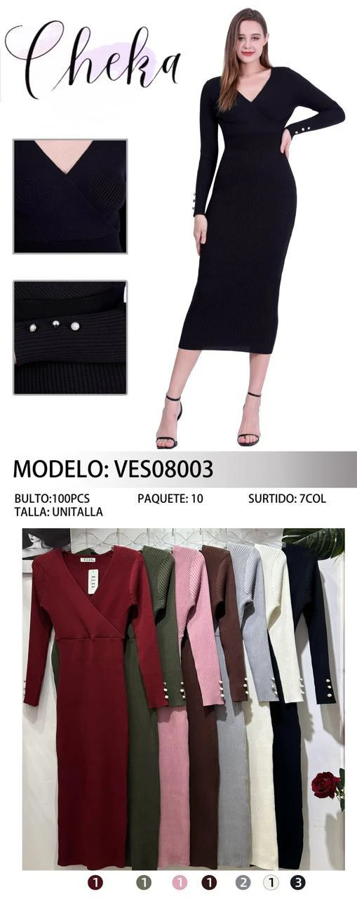 Vestido de Punto Canalé con Botones en Puños-VES08003