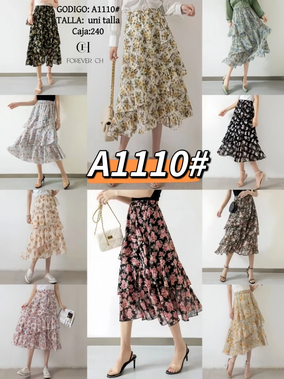 Falda midi de chifón con estampado floral en capas-A1110