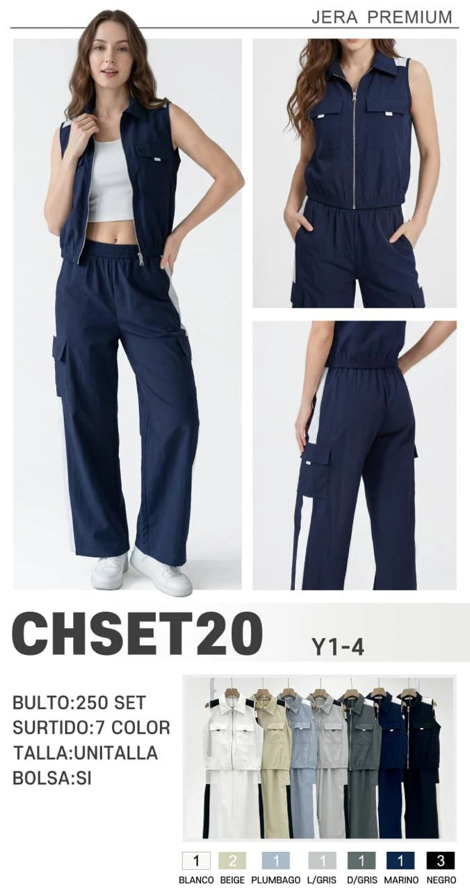 Conjunto deportivo de chaleco con cremallera y pantalón cargo con franja lateral-CHSET20