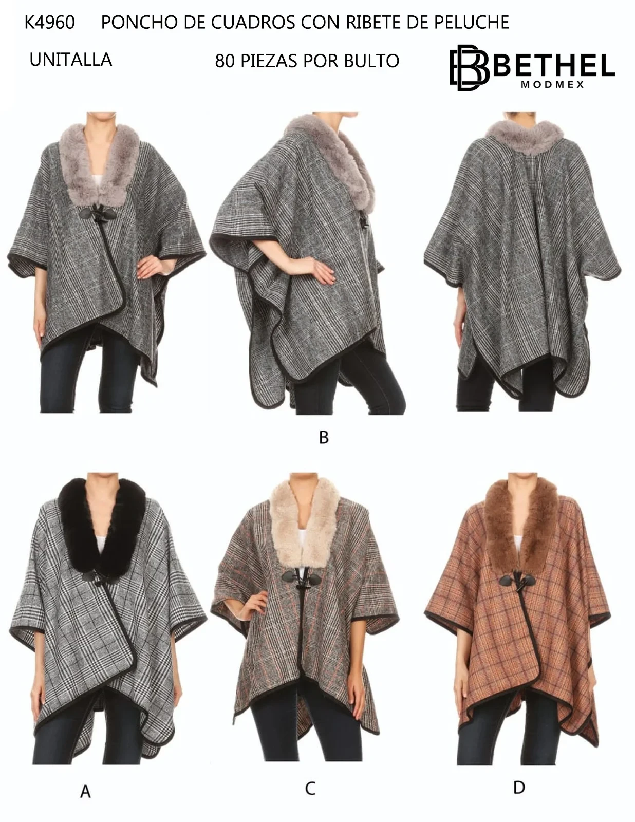 Poncho de cuadros con ribete de peluche-K4960
