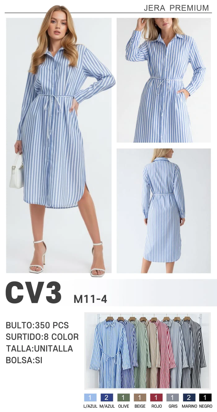 Vestido camisero largo de rayas con cinturón-CV3