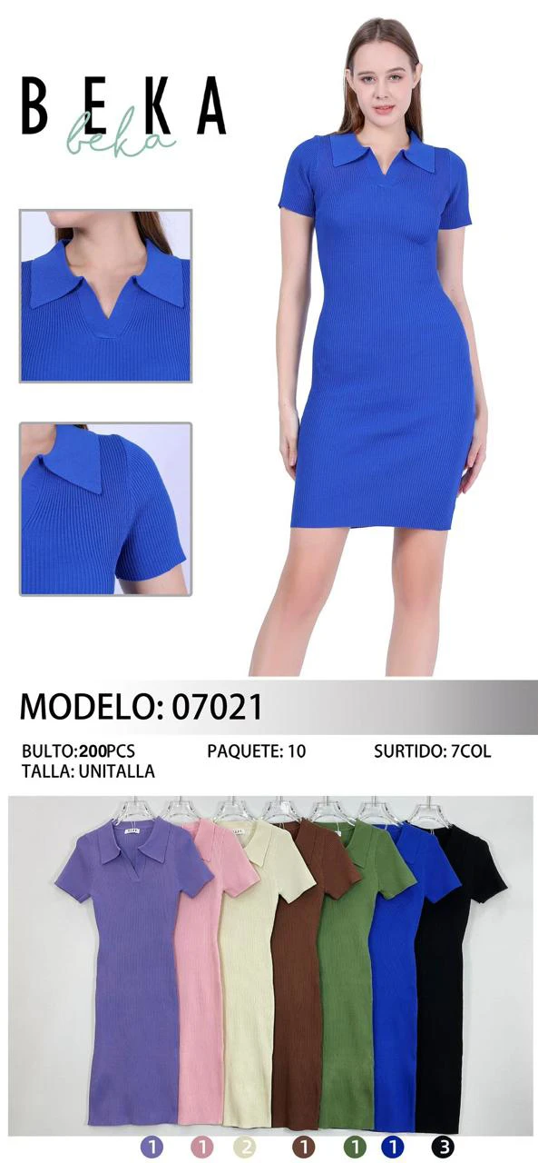 Vestido de punto acanalado con cuello polo y manga corta-VES07021