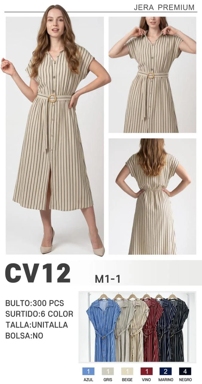 Vestido camisero de mujer a rayas con cinturón-CV12