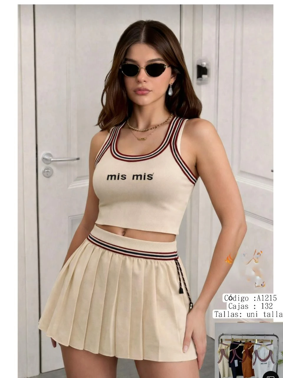 Conjunto de crop top de tirantes y minifalda plisada-A1215