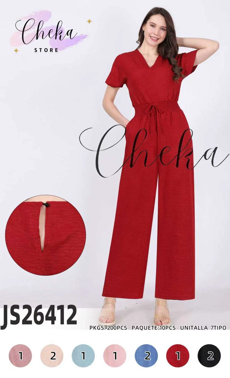 Jumpsuit de manga corta con cintura elástica-JS26412