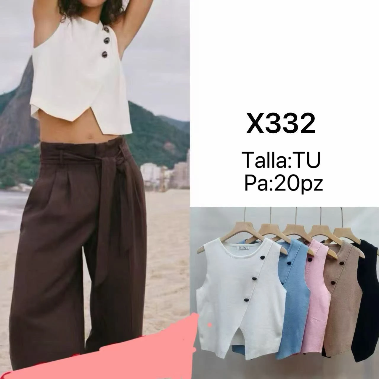 Top crop sin mangas con botones-X332
