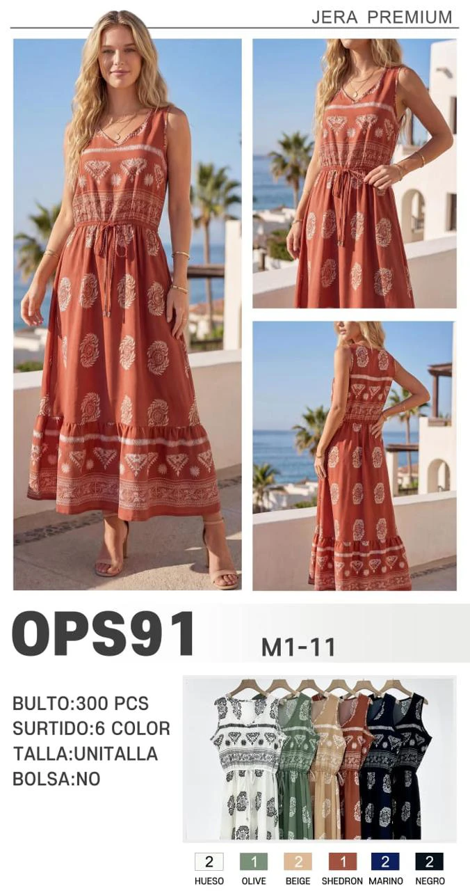 Vestido largo estampado bohemio con tirantes-OPS91