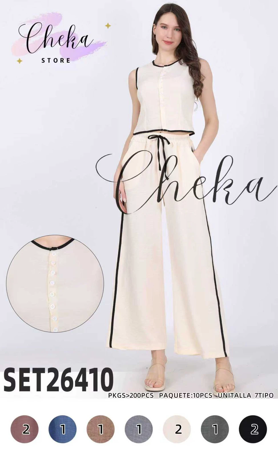 Conjunto de top sin mangas abotonado y pantalón palazzo con ribetes-SET26410
