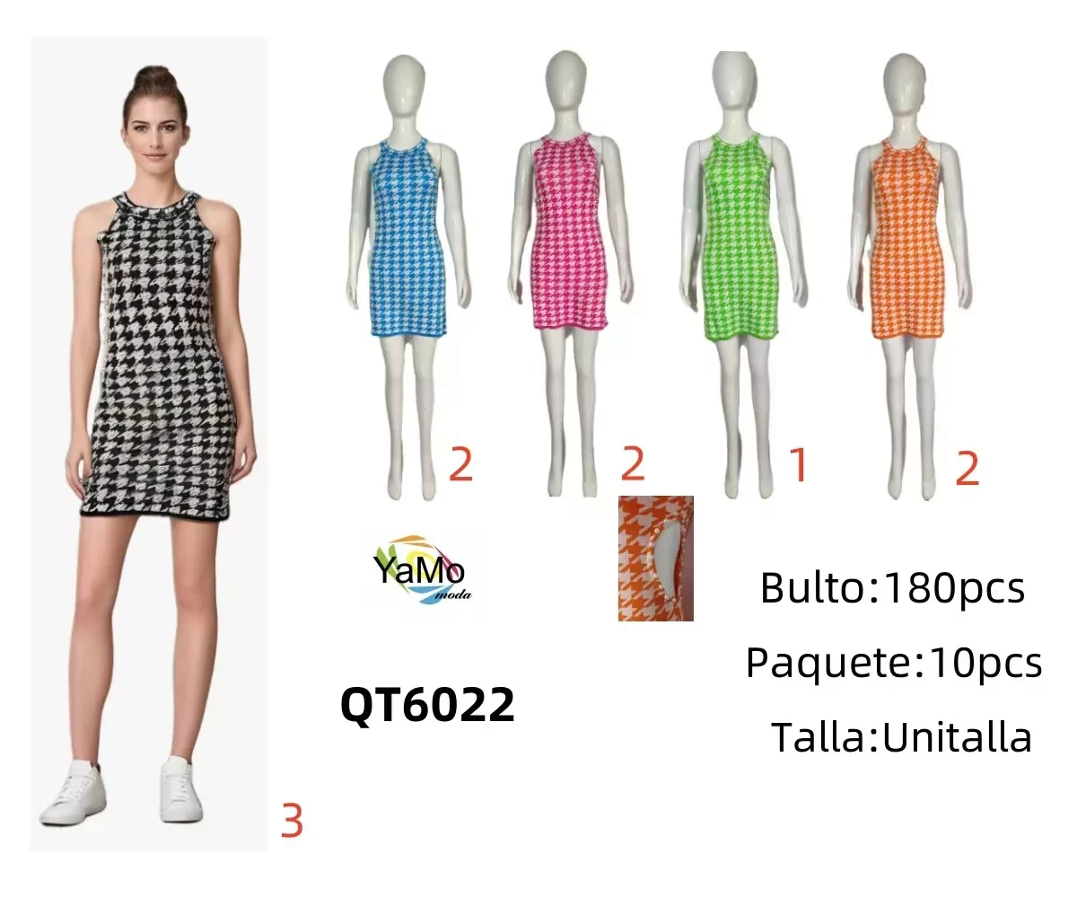 Vestido corto houndstooth con diseño halter-QT6022