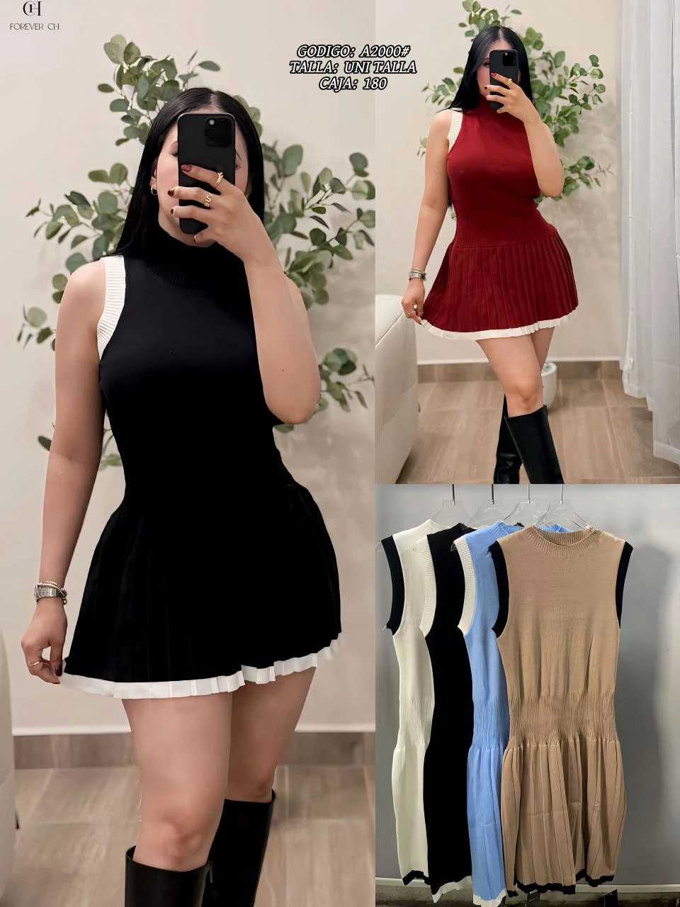 Vestido mini acanalado con falda plisada-A2000