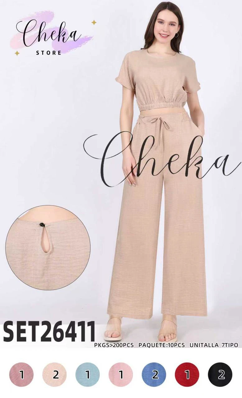Conjunto de Top Crop con Manga Corta y Pantalón Palazzo-SET26411