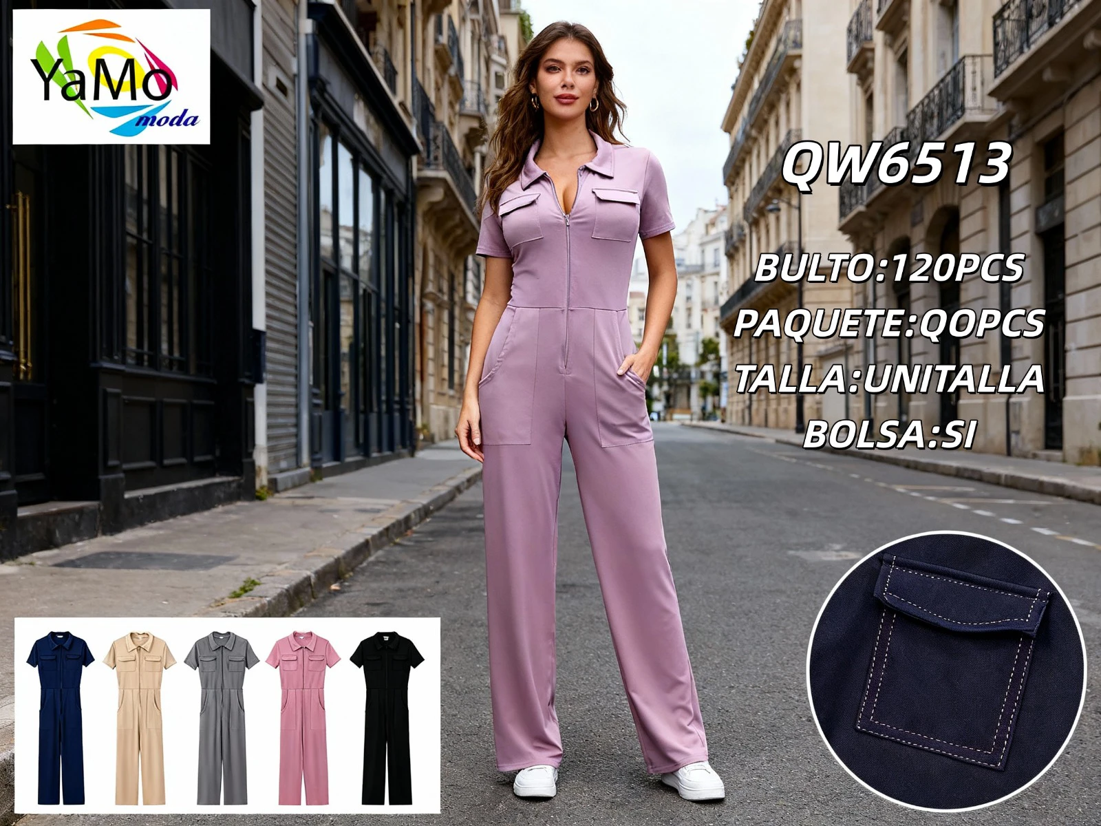 Jumpsuit de manga corta con cierre-QW6513