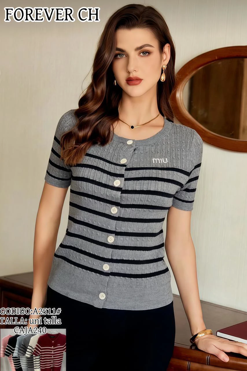Suéter cardigan de punto a rayas con botones-A2511