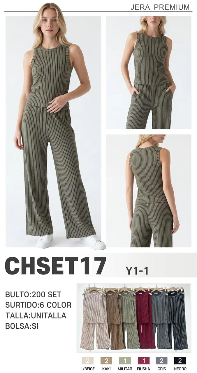 Conjunto acanalado de top sin mangas y pantalón-CHSET17