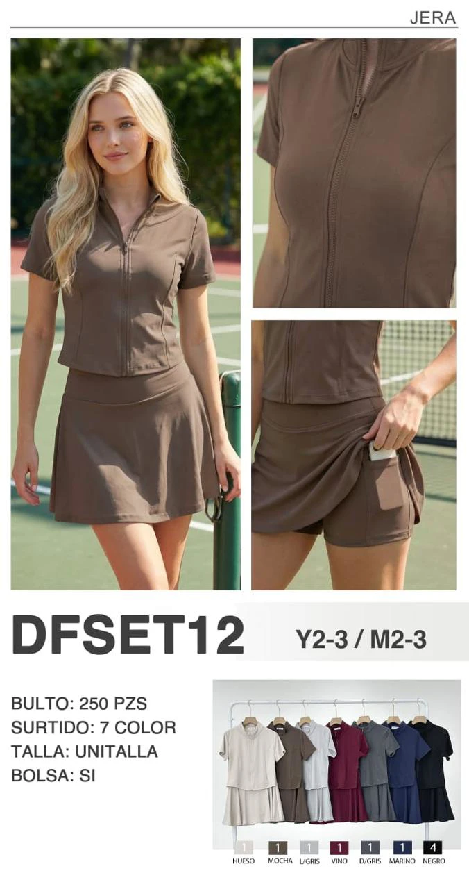 Conjunto deportivo de top con cremallera y falda-DFSET12
