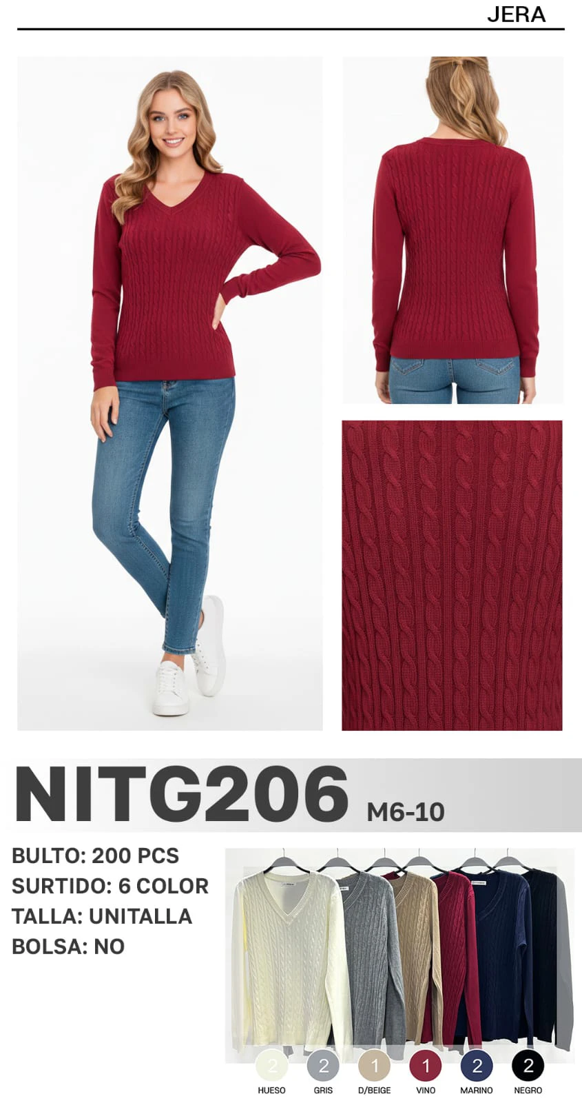 Suéter de cuello V con tejido de trenzas-NITG206