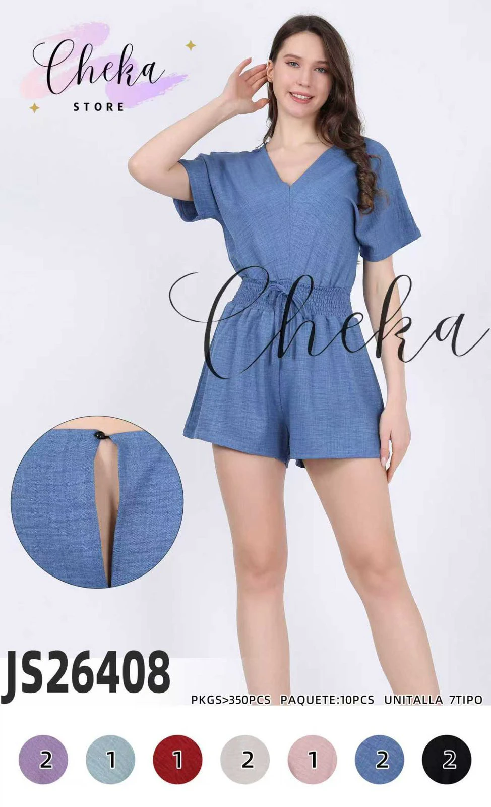 Jumpsuit corto con cuello en V y elástico en cintura-JS26408