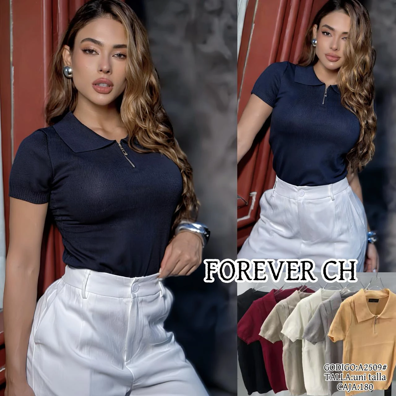 Playera de punto acanalado con cuello polo y cierre-A2509